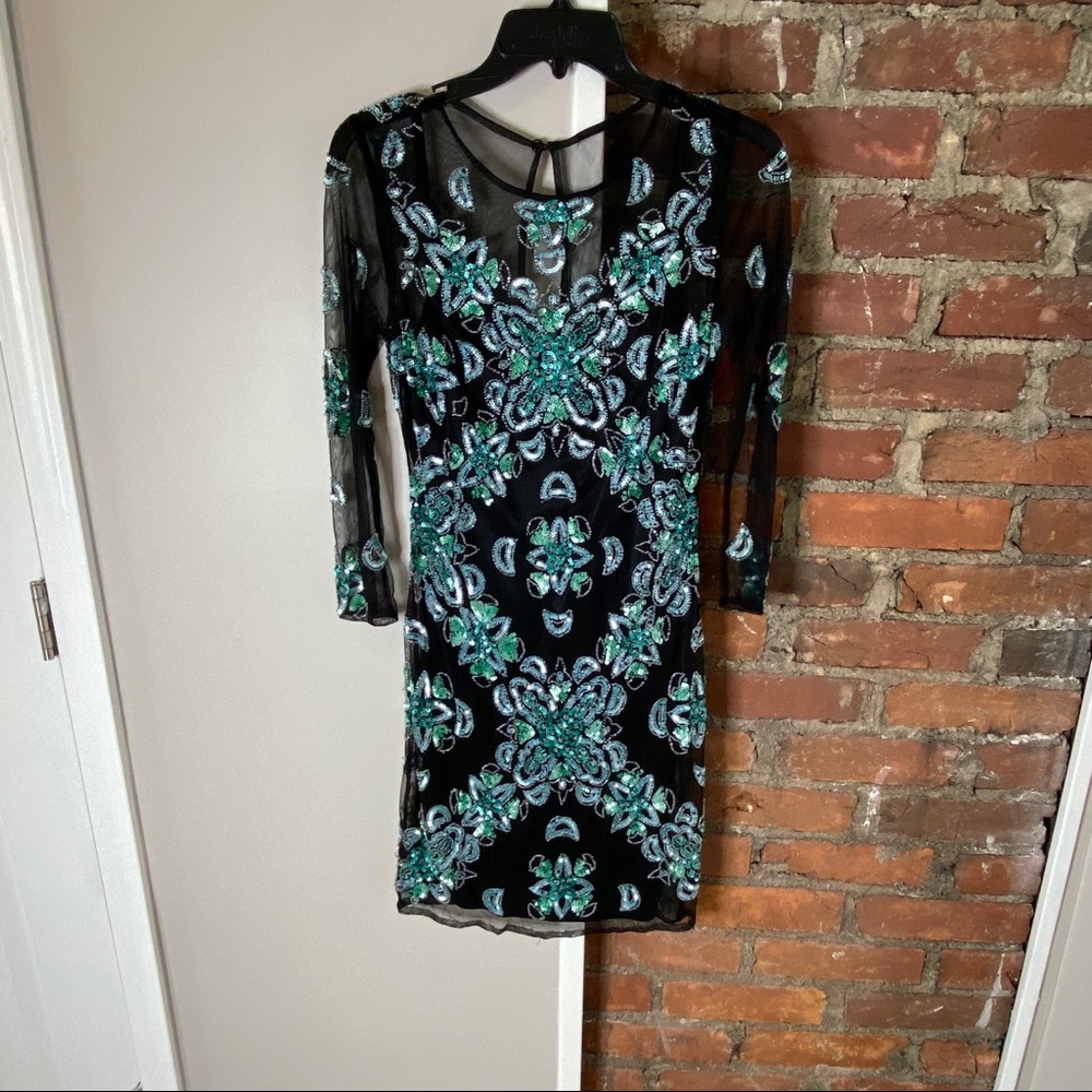 Aidan Mattox Vintage Beaded Sequin Mesh Long Sleeve Mini Cocktail Dress Size 2 - Picture 5 of 11